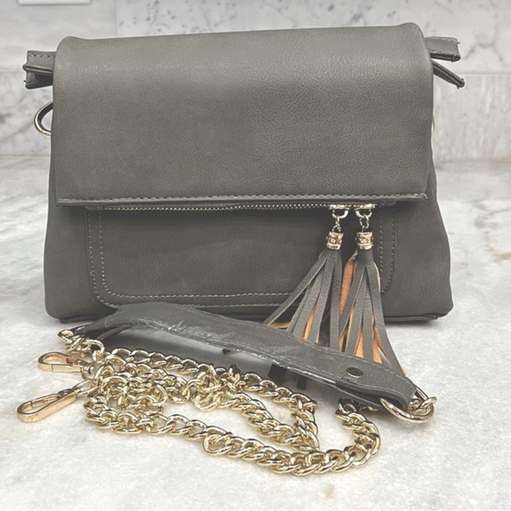 Gray Faux Leather Foldover Crossbody